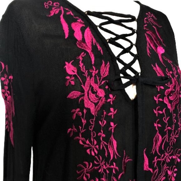 California Moonrise boho hippie embroidered bell sleeves lace up dress - Picture 12 of 14